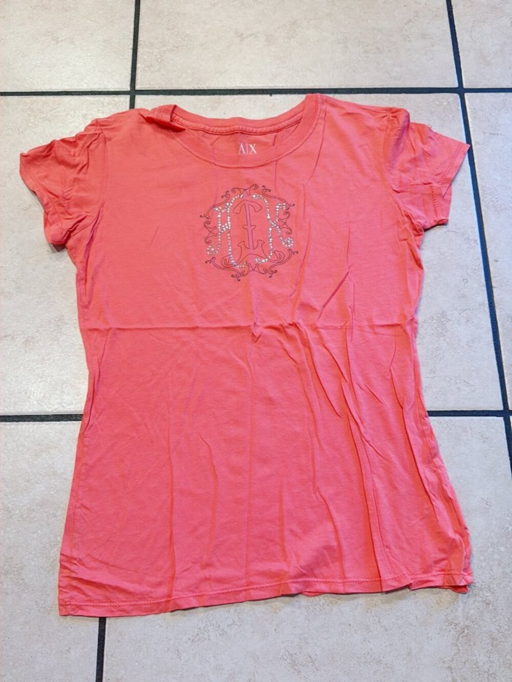 Armani Exchange AX Womens Coral Pink Rhinestone Graphic T-Shirt Size M Y2K Logo